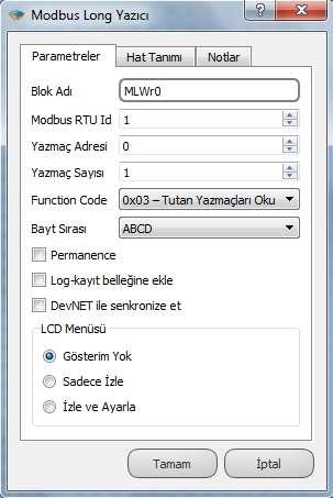 9.11.3 Özel Ayarlar Modbus RTU Id: Hangi Id den veri alınacak ise blok içerisinden ayarlanan değerdir. Yazmaç Adresi: Köle Id lerdeki okunacak yazmaç adresleri girilir.