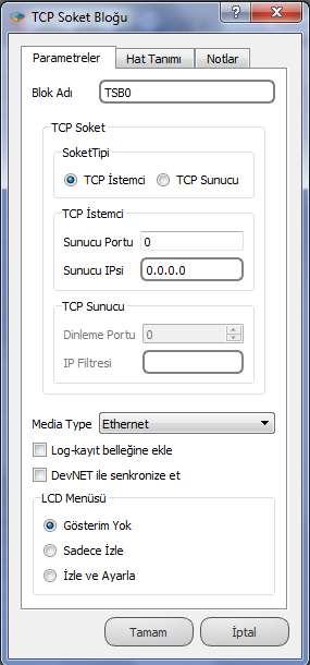 10.2.3 Özel Ayarlar Soket Tipi: TCP istemci veya TCP sunucu seçeneklerinden biri sadece blok içinden seçilebilir. Sunucu Portu: İstemci portu girişidir Sunucu IPsi: İstemci IP si girişidir.