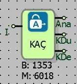 2.11 KİLİTLEMELİ ANALOG ÇIKIŞ BLOK 2.11.1 Bağlantılar Ana: Analog Kilitli Çıkışı I1: Blok Girişi KDu: Kilit Durumu KDe: Kilit Değeri 2.11.2 Bağlantı Açıklamaları I1: Blok girişi Kilitleme pasif ise