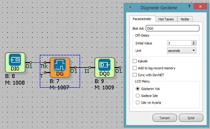4.2.5 Sinyal Akış Diyagramı 4.2.6 Örnek Uygulama Lojik(1) olan DI0 lojik(0) olduktan 3 saniye sonra DQ0 lojik(0) olur.