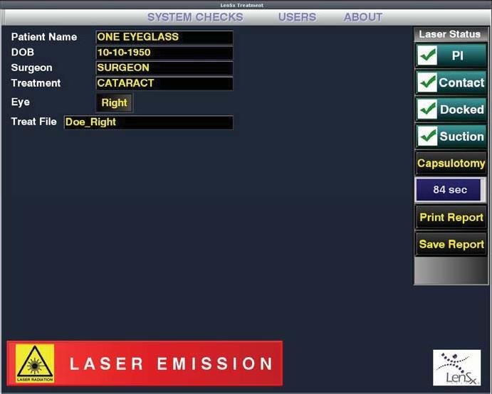 Şekil 6-29: Sistem yayma işlemi yaparken Panel Ekran. Kırmızı Laser Emission (Lazer Emisyonu) yazısı emisyonu belirtir ve ayak pedalına her basıldığında mevcuttur.