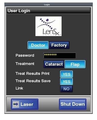 Şekil 7-1: LenSx* Lazer Sistemi Login ekranı Log in ekranında, tedavi parametrelerini kaydetme veya yazdırma seçenekleri seçilebilir.