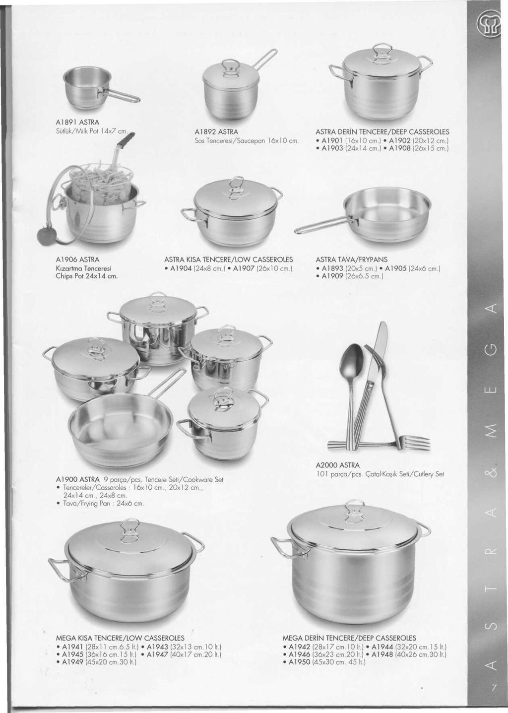 A1891 ASTRA Sutluk/Milk Pot 14x7 cm A1892 ASTRA Sos Tenceresi/Saucepan 16x10 cm. ASTRA DERiN TENCERE/DEEP CASSEROLES A1901 (16x10 cm) Al 902 (20x1 2 cm.) A1903 (24x14 cm. A1908 (26x15 cm.