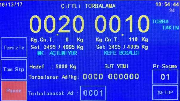 b. Start Konumu Kg.Ön.T: Bir önce torbalanan malzemenin ağırlığını gösterir. Program değerlerini düzeltmek veya kontrol etmek için faydalıdır. Örnek: 54.