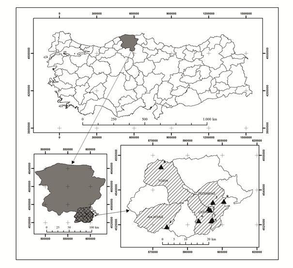 Şekil 1. Çalışma alanına ait harita Ormancılık işlerinde 3 değişik zaman ölçümü tekniği bulunmaktadır.