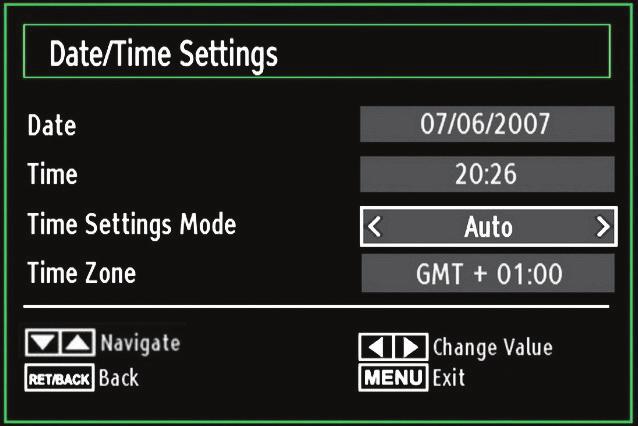 Configuring Date/Time Settings Select Date/Time in the Settings menu to confi gure Date/Time settings. Press OK button. Select Sources in the Settings menu and press OK button.