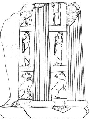 Kybele naiskosunun mimari kabartmaları üzerinde görülen mitolojik sahneler Figürlü paneller, naiskosun üç tarafını kuşatmakta, seçilen konular ve figürlerin işlevselliği nedeni ile olası bir ritüeli