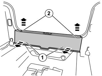 7 Lastik şeritleri bagaj kapağı açıklığından çıkartın. IMG-226721 8 Bagaj kapağının eşik trim panelini çıkarın. Ön kenarda (1) ve üst kenarda (2) ikişer vidayla sabitlenmiştir.