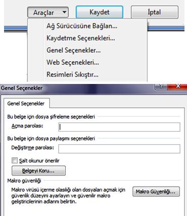 Word çalıştığımız dosyaları şifreleme imkanı da sunar. Bunun için Farklı Kaydet e tıklayıp kaydet butonunun yanındaki araçlar menüsünden Genel Seçenekleri tıklamalıyız.