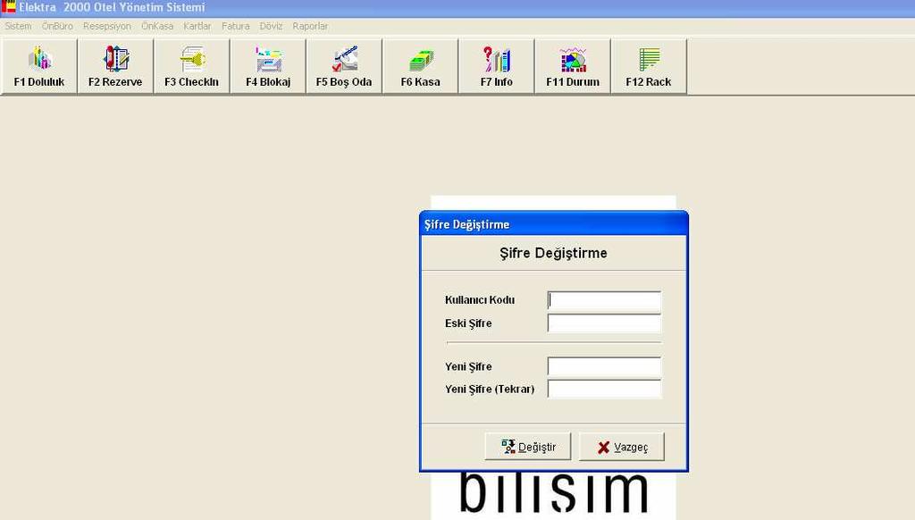 142 Ön Büro İşlemleri 8.1.3. Şifre Değiştirme Kullanıcılar kendilerine verilen şifreleri, istedikleri zaman, Sistem- Şifre Değiştir kısımdan değiştirebilirler.