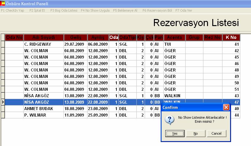 Daha sonra No Show Uygula mönüsü seçilerek ya da Alt+4 tuşlarına birlikte basılarak No Show Listesine aktarılır. Şekil 50: Elektra 2000 Rezervasyona No Show Uygulama Ekranı 8.3.7.