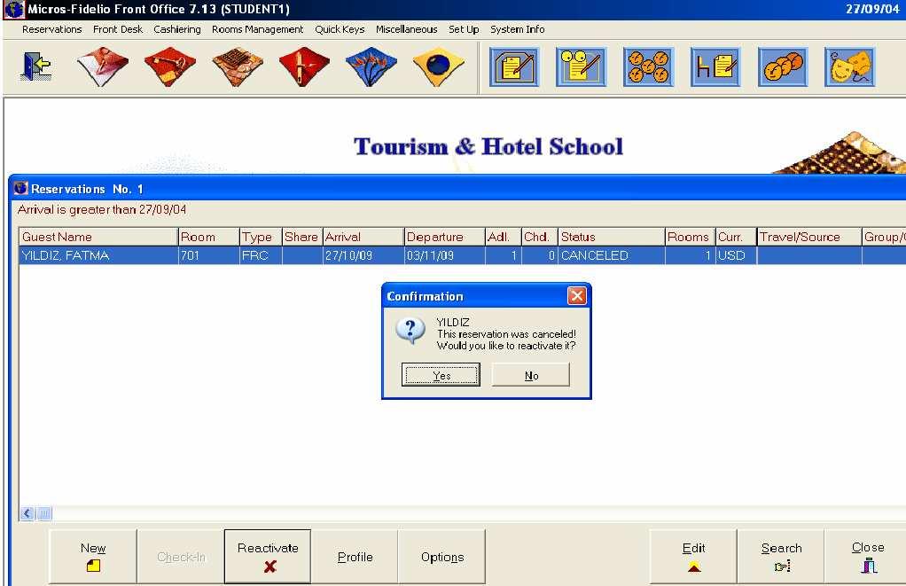 178 Ön Büro İşlemleri Şekil 64: Fidelio V7 İptal Edilen Rezervasyonu Aktif Hale Getirme Ekranı Profile: Sistemde kayıtlı olan konukla ilgili bilgileri gösterir.