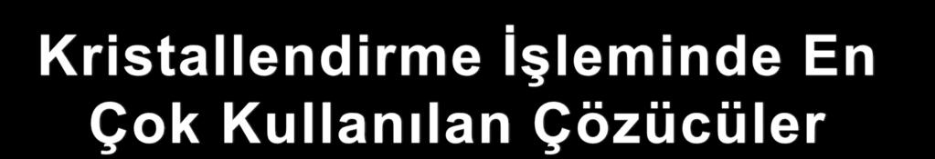 Çözücü K.N. Özellik Damıtık su 100 Uygun olan her yerde kullanılır. Dietileter 35 Yanıcı Aseton 56 Yanıcı Kloroform 61 Yanmaz, buharları zehirli Metanol 64.