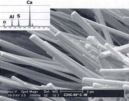 Çubuğa benzer şekle sahip, 1-2 µm uzunluğunda ve 0,1-0,2 µm kalınlığındaki etringit kristalleridir. Bunlar su emerek hacimce genleşirler [72]. (Bkz. Resim 2.