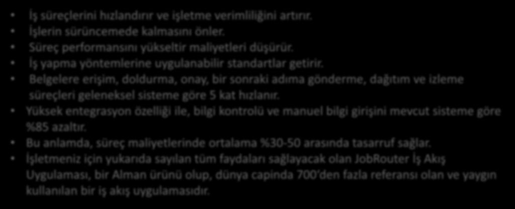 JobRouter ın İşletmelere Sağladığı Faydalar İş süreçlerini hızlandırır ve işletme verimliliğini artırır. İşlerin sürüncemede kalmasını önler. Süreç performansını yükseltir maliyetleri düşürür.