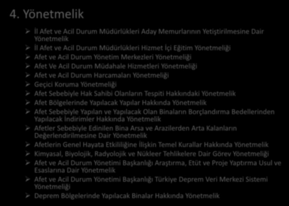 4. Yönetmelik İl Afet ve Acil Durum Müdürlükleri Aday Memurlarının Yetiştirilmesine Dair Yönetmelik İl Afet ve Acil Durum Müdürlükleri Hizmet İçi Eğitim Yönetmeliği Afet ve Acil Durum Yönetim