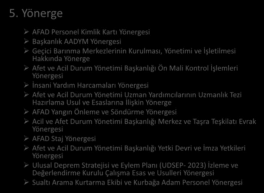 5. Yönerge AFAD Personel Kimlik Kartı Yönergesi Başkanlık AADYM Yönergesi Geçici Barınma Merkezlerinin Kurulması, Yönetimi ve İşletilmesi Hakkında Yönerge Afet ve Acil Durum Yönetimi Başkanlığı Ön