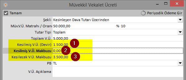 Kesilmiş V.Ü. Makbuzu : Anlaşılan vekalet ücreti için kesilmiş makbuz toplamlarının yazıldığı sahadır. Program tarafından otomatik olarak getirtilir. (2) Kesilecek V.Ü. Makbuzu : Kalan ve makbuz kesilmesi gereken tutarın izlenebileceği sahadır.