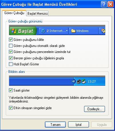 Başlat menüsü sekmesinde de başlat menüsünün genel görünüm ayarları yapılmaktadır. Görev çubuğu görünümü alanı, adından da anlaşılacağı gibi görev çubuğunun görünümsel ayarlarını gerçekleştirmektedir.