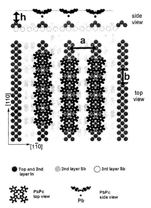 Şekil 2.55 Birkaç PbPc model molekülüyle birlikte InSb(100)-(4X2)/c(8X2) yapısı.
