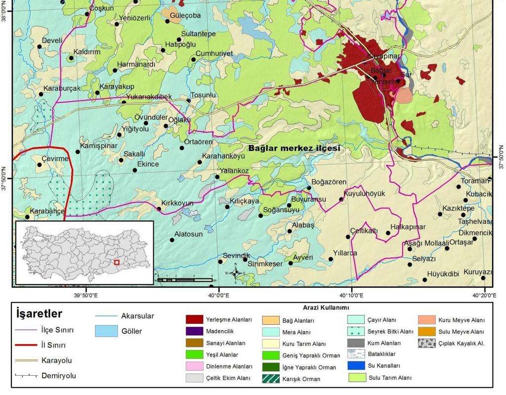 Bağlar merkez ilçesinin genel arazi kullanım durumunu gösteren harita Bağlar merkez ilçesindeki tarım alanlarının dağılımına bakıldığında ise plato karakterindeki düzlük alanların geniş yer tuttuğu