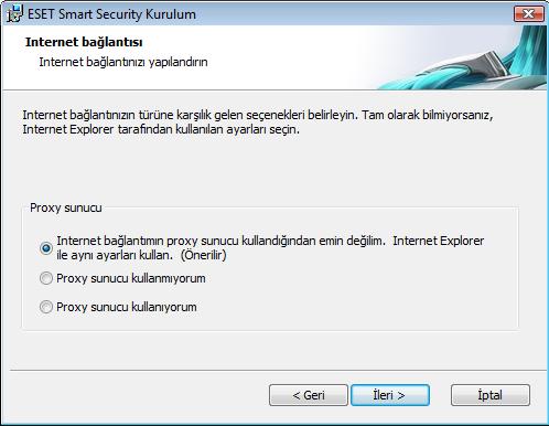 Internet Explorer ile aynı ayarları kullan varsayılan ayarını değiştirmeyin ve İleri'yi tıklatın. Proxy sunucu kullanmıyorsanız, buna karşılık gelen seçeneği işaretleyin.