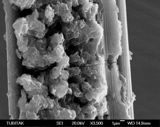 Bu elektrotun morfolojisinin belirlenmesi için SEM analizi uygulanmıştır (Şekil 3.49). P(PhTh-ko-Th)[PhTh]:[Th]/[0.3M]:[0.