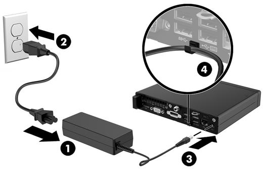 Güç kablosunu bağlama AC adaptörü bağlandığında, güç kablosunun bilgisayardan çıkmamasını sağlamak için aşağıdaki adımların uygulanması önemlidir. 1. Güç kablosunu AC adaptörüne bağlayın (1). 2.