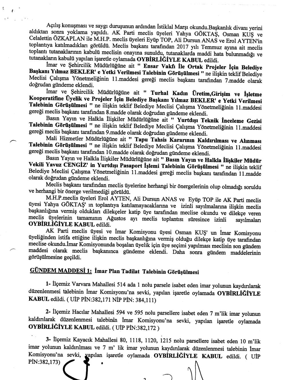 Açılış konuşması ve saygı duruşunun ardından istiklal Marşı okundu.başkanlık divanı yerini aldıktan sonra yoklama yapıldı. AK Parti meclis üyeleri Yahya GÖKTAŞ, Osman KUŞ ve Celalettin ÖZKAPLAN ile M.