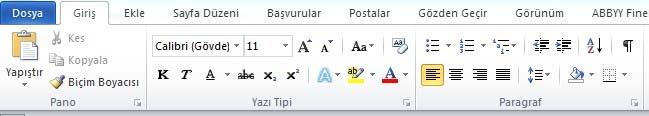 Ekran Yakınlaştırma ve uzaklaştırma Pano, Yazı Tipi ve Paragraf yazılarını görüyorsunuz. Bunlar giriş sekmesinin altında gruplara ayrılmış işlem bölümlerini göstermektedir.