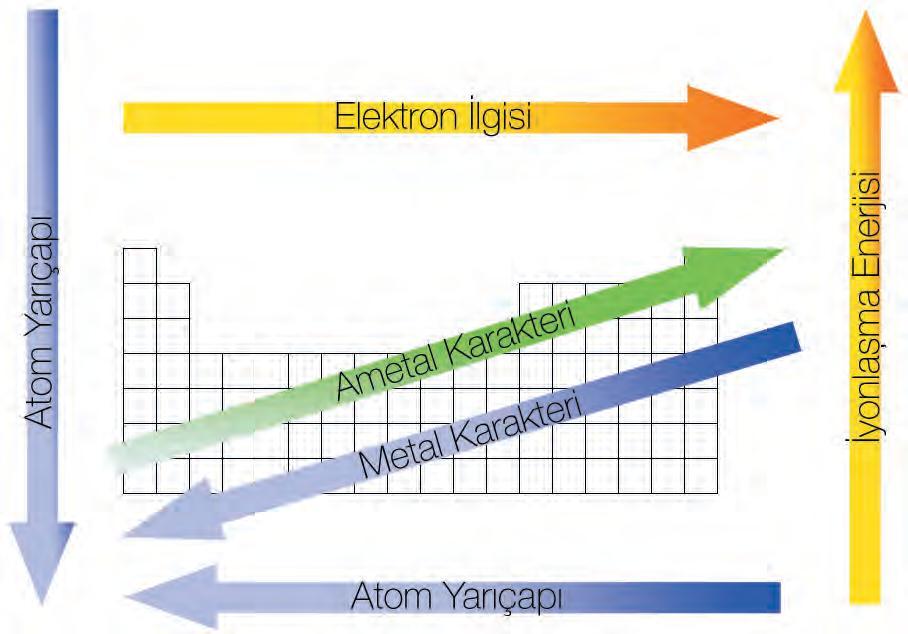 Periyodik cetvelde periyotlarda soldan sağa doğru gidildikçe elektronegatiflik genellikle artar. Gruplarda yukarıdan aşağıya doğru inildikçe genellikle azalır.