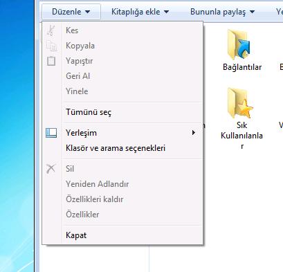 Menü Çubuğu Menü çubuğundaki düzen menüsü ile pencere içerisindeki bir dosya ile ilgili kes, kopyala, yapıştır gibi işlemler yapılabilir.