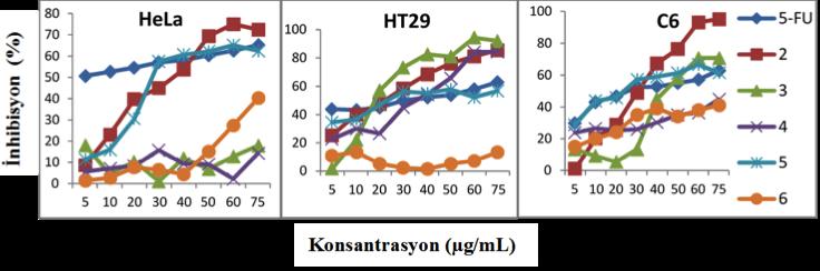 ÖKTEN ve ark. Quinoline derivatives as anti cancer agents molekülünden sentezlenen ilk türev olan 6,8-DiBrTHQ 2, 30 µg/ml ve daha yüksek konsantrasyonlarda önemli derecede inhibe ettiği (p < 0.