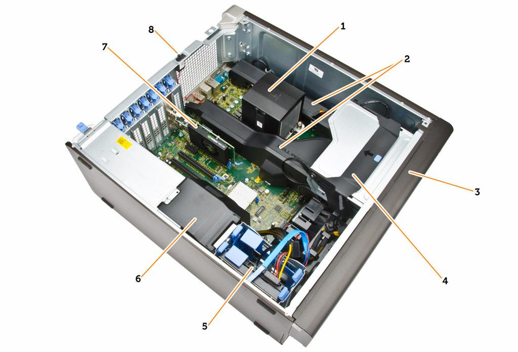 Rakam 2. T5810 Bilgisayarın İç Görünüşü 1. entegre fan içeren ısı emicisi 2. bellek örtüleri 3. ön çerçeve 4. optik sürücü yuvası (5.