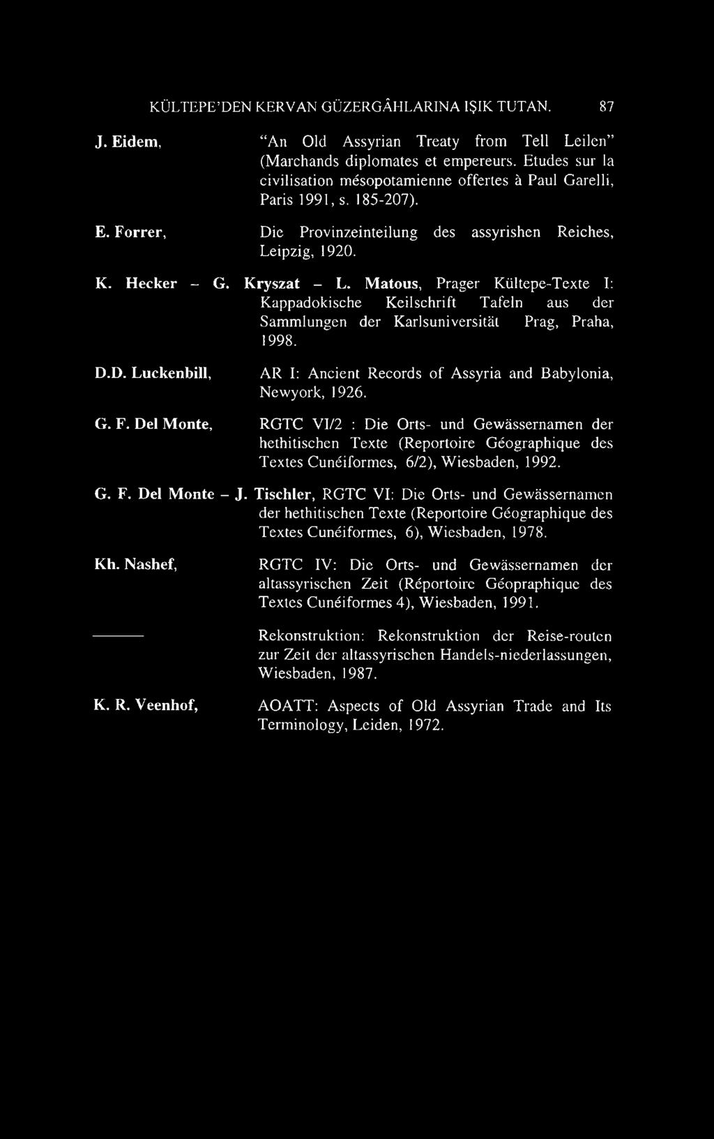 Die Provinzeinteilung des assyrishen Reiches, Leipzig, 1920. K ryszat - L. M atous, Prager Kültepe-Texte I: Kappadokische Keilschrift Tafeln aus der Sammlungen der Karlsuniversität Prag, Praha, 1998.