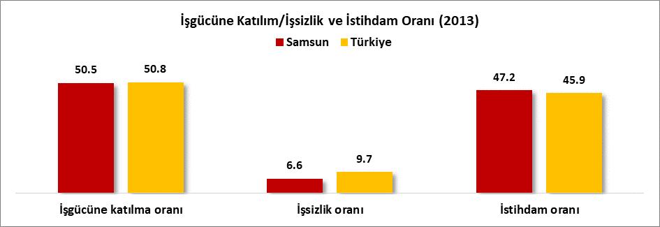 İL BAZINDA TEMEL İŞGÜCÜ GÖSTERGELERİ (2013) 2013 yılında Samsun da işsizlik oranı %6.6, işgücüne katılma oranı %50.5, istihdam oranı %47.2 olarak gerçekleşmiştir.