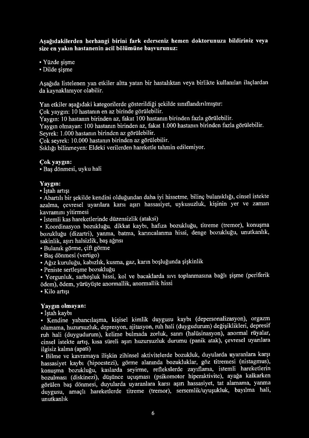 Yan etkiler aşağıdaki kategorilerde gösterildiği şekilde sınıflandırılmıştır: Çok yaygm: 10 hastanın en az birinde görülebilir.