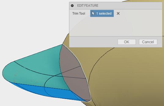 Trim ile budama yapılması, Trim komutunu kullanarak Trim Tool seçimi ile Trim sınırı olarak önce gövdeyi seçin.