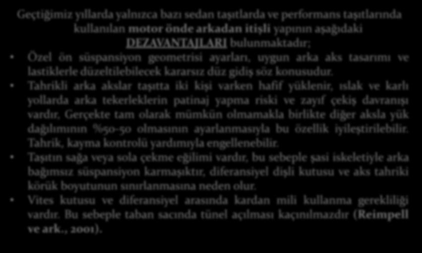 Tahrikli arka akslar taşıtta iki kişi varken hafif yüklenir, ıslak ve karlı yollarda arka tekerleklerin patinaj yapma riski ve zayıf çekiş davranışı vardır, Gerçekte tam olarak mümkün olmamakla