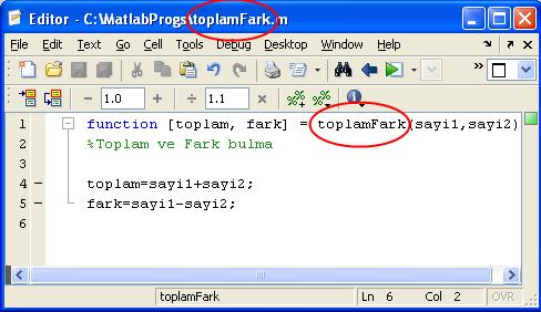 Yukarıdaki örnekteki fonksiyon komut penceresinde aşağıdaki örnekteki gibi çağrıarak kullanılabilir.