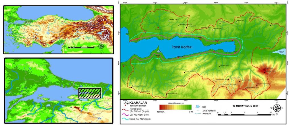 12 Garipağaoğlu & Uzun Şekil 1: İzmit Körfezi kıyı alanlarının sınır, lokasyon ve yükselti kademeleri haritası. Figure 1: Location, border and altitude map of the coast areas of the Gulf of Izmit.