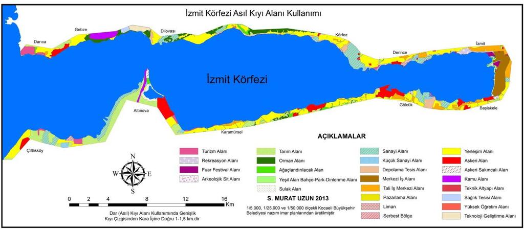 16 Garipağaoğlu & Uzun Şekil 5: İzmit Körfezi asıl (dar) kıyı alanı kullanımı haritası. Figure 5: The usage of basic (narrow) coastal area map of the Gulf of Izmit. (4,99 km 2 ) takip etmektedir.