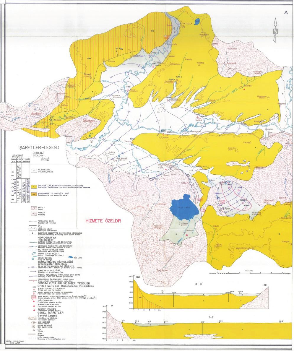 Bingöl Üniversitesi Sosyal Bilimler Enstitüsü Dergisi, Yıl: 7 Cilt: 7 Sayı: 14 Güz 2017 Şekil 12: İnceleme Sahasına Ait Hidrojeolojik Harita (DSİ, 1978).