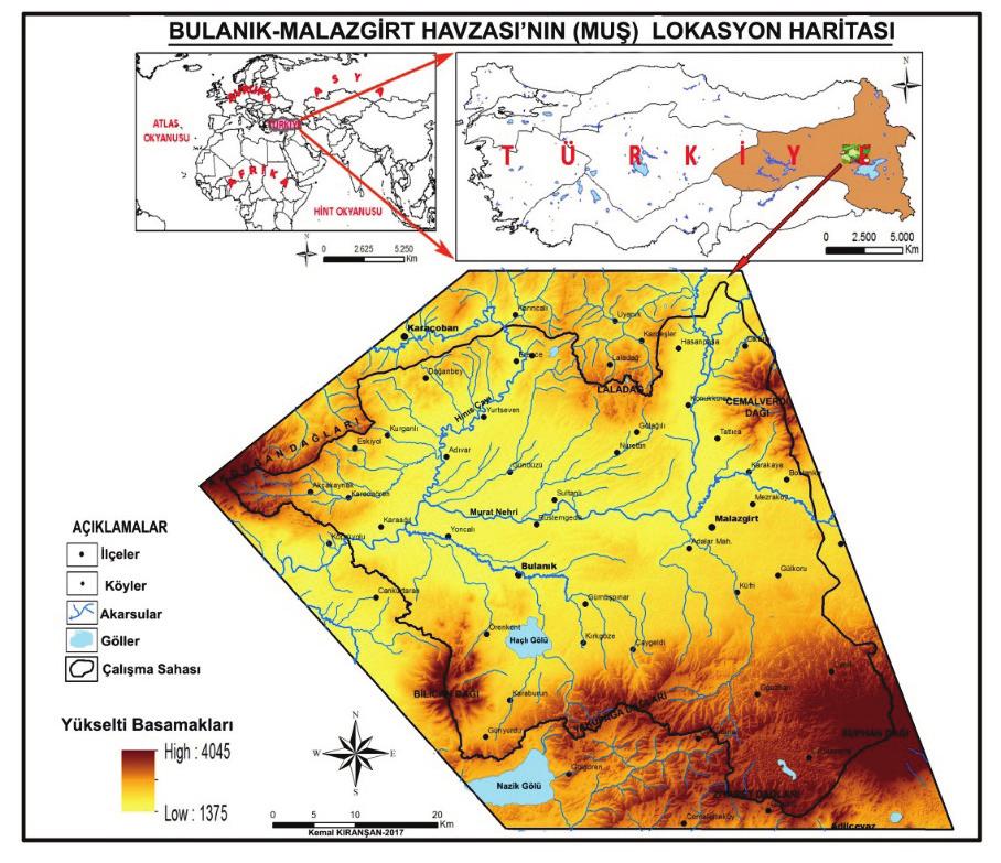 Bingöl Üniversitesi Sosyal Bilimler Enstitüsü Dergisi, Yıl: 7 Cilt: 7 Sayı: 14 Güz 2017 Şekil 1: Bulanık-Malazgirt Havzası nın (Muş) Lokasyon Haritası Bulanık-Malazgirt Havzası, Alp Orojenik