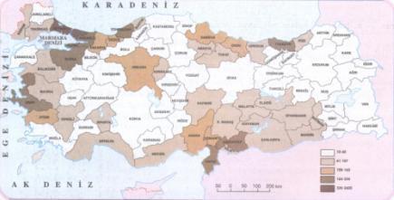 İ. BUĞDAYCI, İ. Ö. BİLDİRİCİ, B. TARMAN 168 Şekil 3.10 Türkiye Nüfus Yoğunluğu Haritası (D4, küçültülmüş) 7.