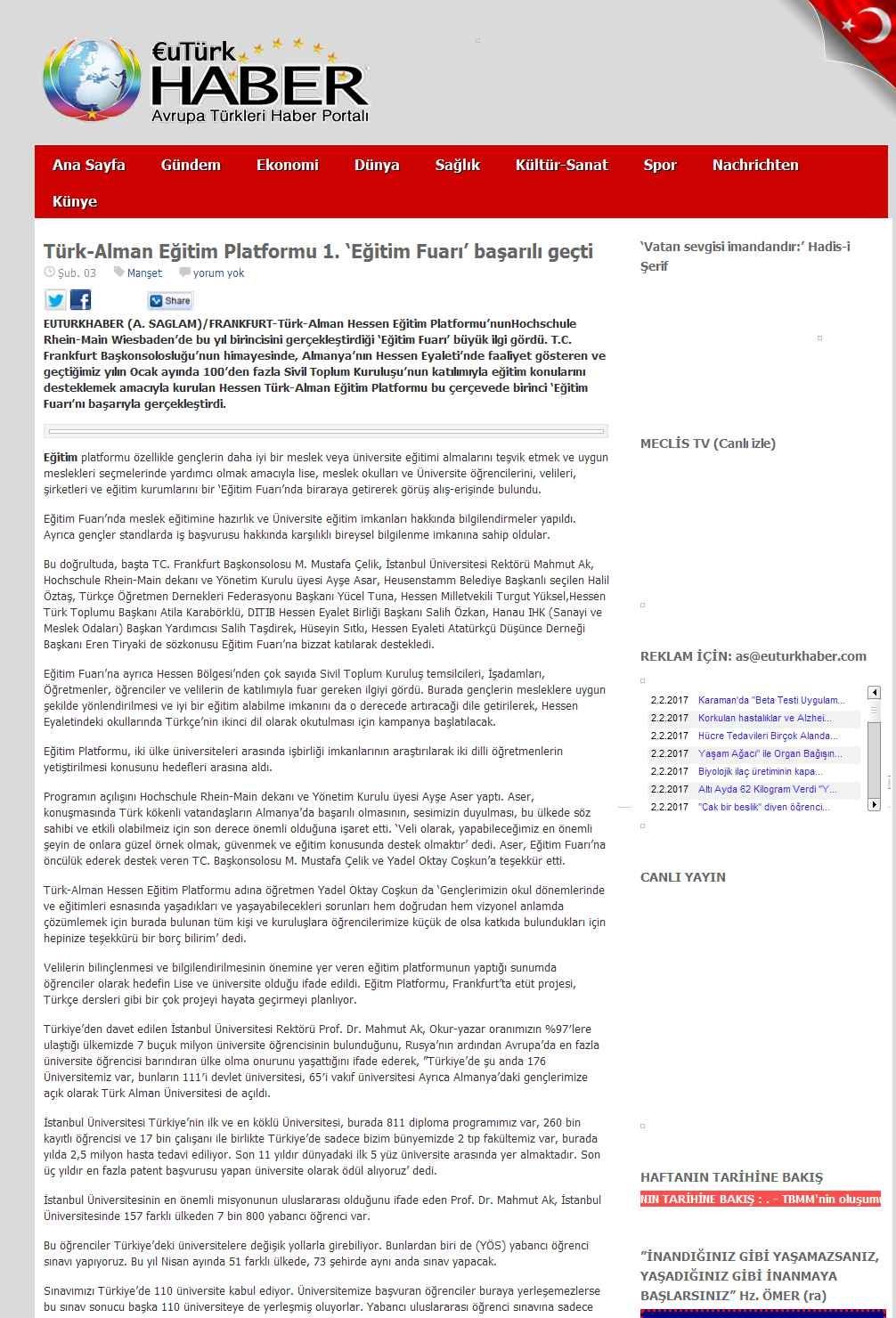 Portal Adres TÜRK-ALMAN EGITIM PLATFORMU 1. `EGITIM FUARI BASARILI GEÇTI : www.euturkhaber.