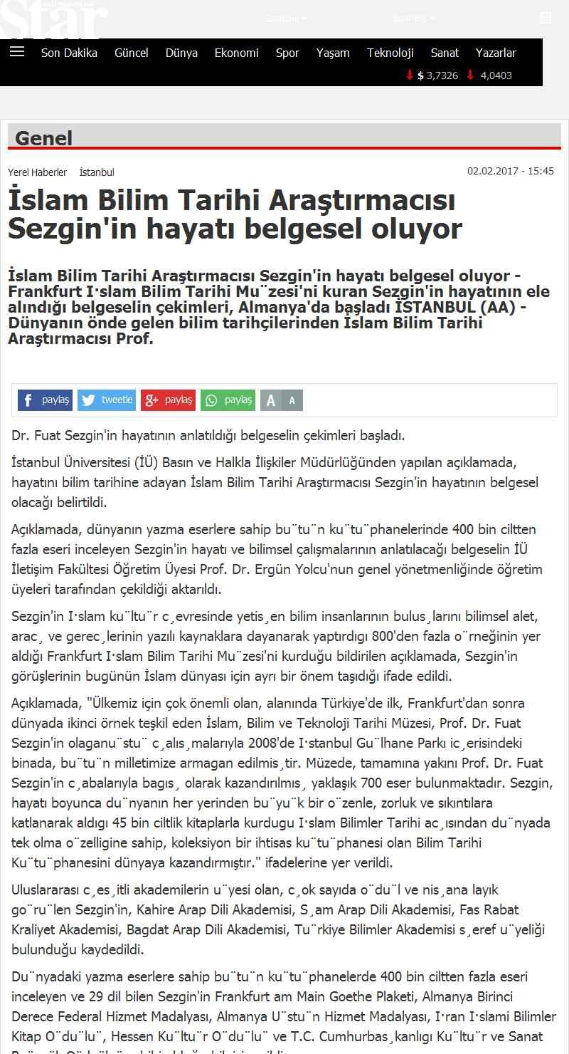 ISLAM BILIM TARIHI ARASTIRMACISI SEZGIN'IN HAYATI BELGESEL OLU... Portal : www.star.com.tr İçeriği : Haber Tarih : 02.