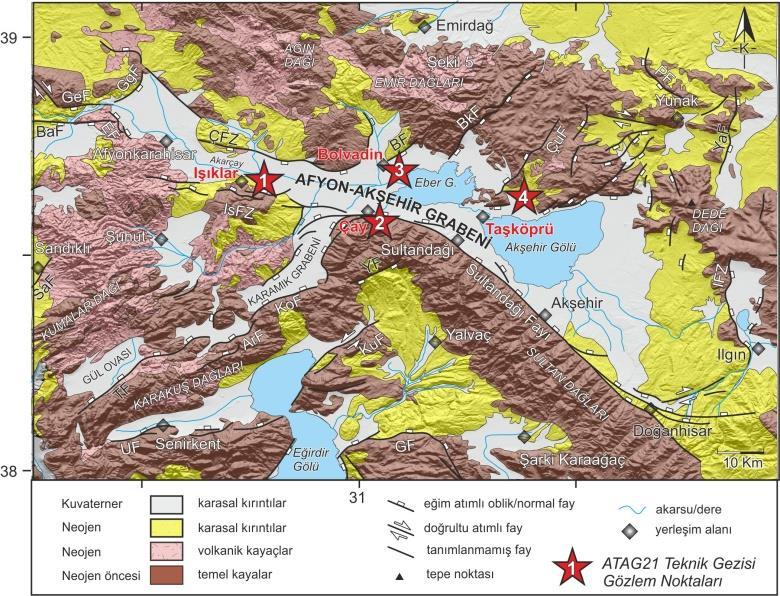 Şekil 2.Afyon-Akşehir Grabeni ve yakın çevresinin jeoloji haritası (Emre vd. 2011, Turan, 2002, Özkaymak vd., 2017 den düzenlenmiştir).