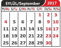 Sayfa EYLÜL 9 iģgünü. 8 Eylül 207-208 ÖĞRETĠM YILININ BAġLAMASI 2. 9 Eylül Gaziler Günü 3. Eylül 0-0 Kurban Bayramı.