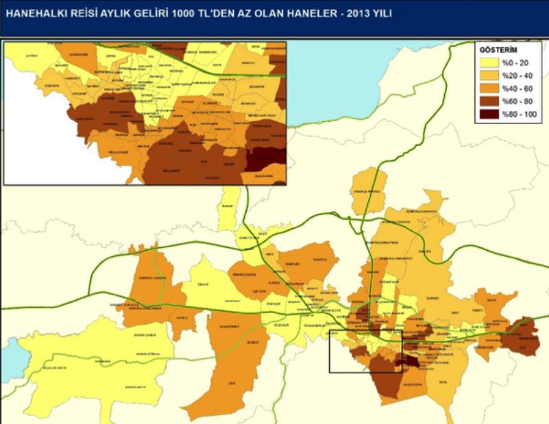 Sosyo-Ekonomik Farklılaşma ve Mekânsal Ayrışma: Bursa Metropoliten Alanı Analizi Şekil 5. 2013 yılı hanehalkı reisi aylık geliri 1 000 TL den az olan haneler.